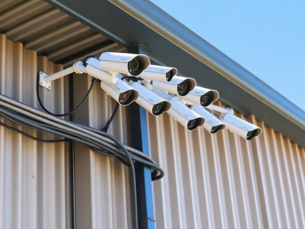 Multiple weatherproof CCTV cameras on a commercial warehouse