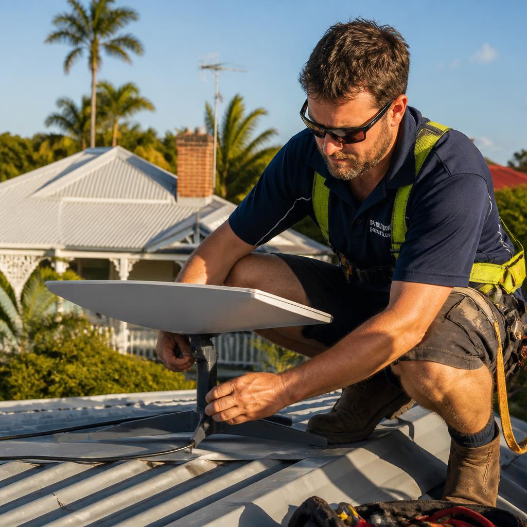 Accredited Starlink installer on a South East Queensland rooftop at dusk